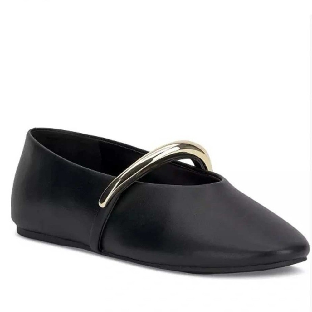 INC International Concepts Rahmi Mary Jane Flats Black Gold Hardware Size 8M NWT